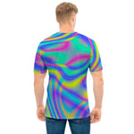 Turquoise Holographic Trippy Print Men's T-Shirt