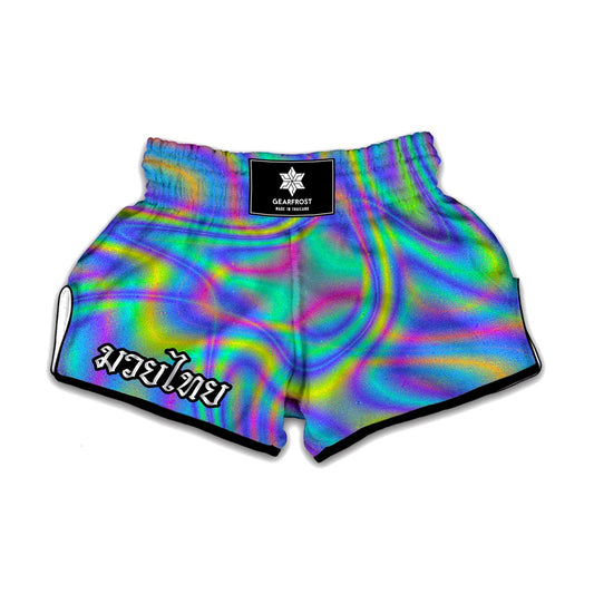 Turquoise Holographic Trippy Print Muay Thai Boxing Shorts