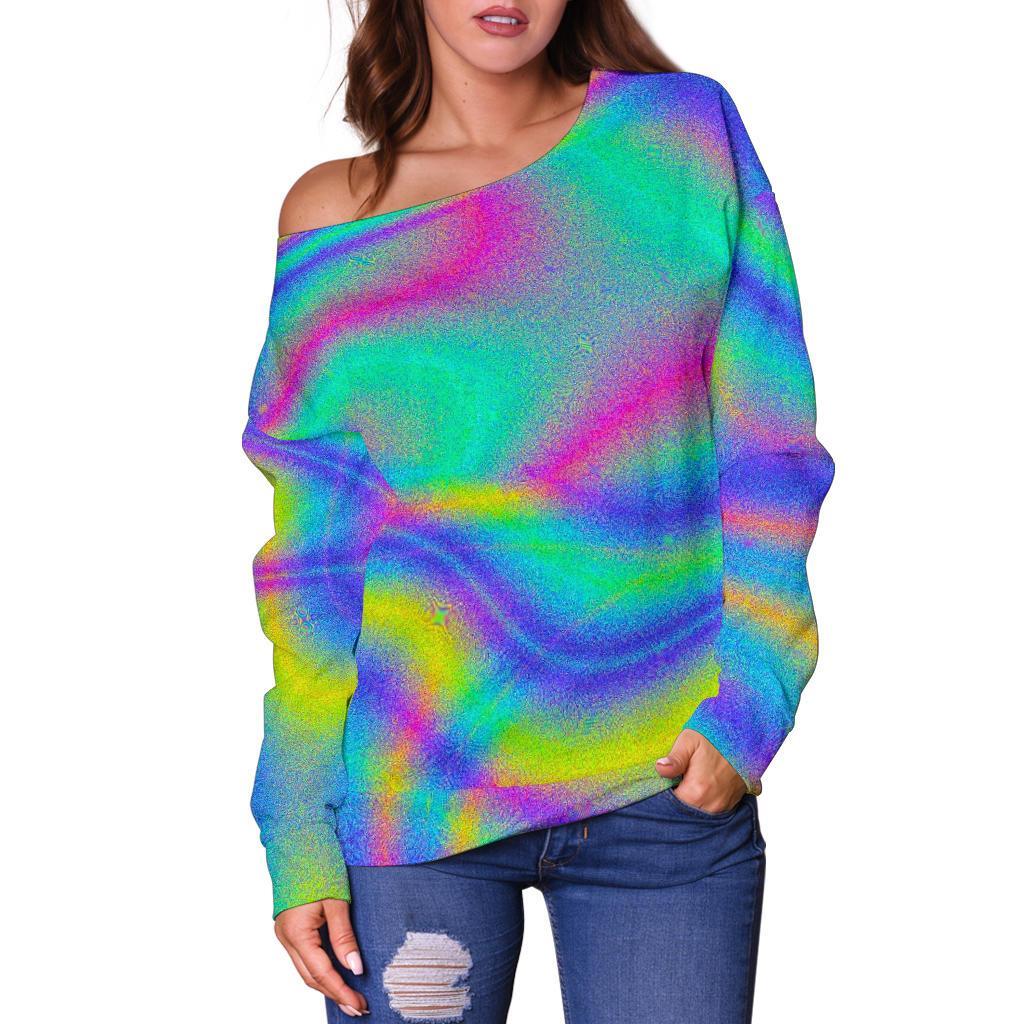 Turquoise Holographic Trippy Print Off Shoulder Sweatshirt GearFrost