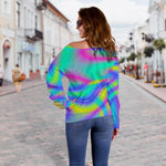 Turquoise Holographic Trippy Print Off Shoulder Sweatshirt GearFrost