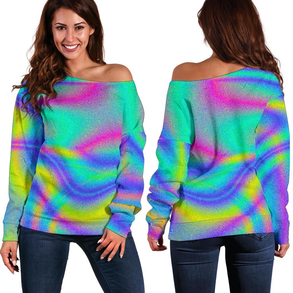 Turquoise Holographic Trippy Print Off Shoulder Sweatshirt GearFrost