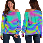 Turquoise Holographic Trippy Print Off Shoulder Sweatshirt GearFrost