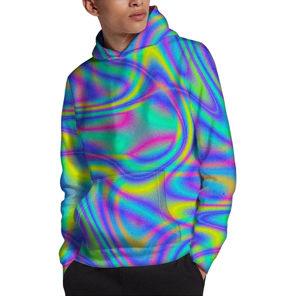 Turquoise Holographic Trippy Print Pullover Hoodie