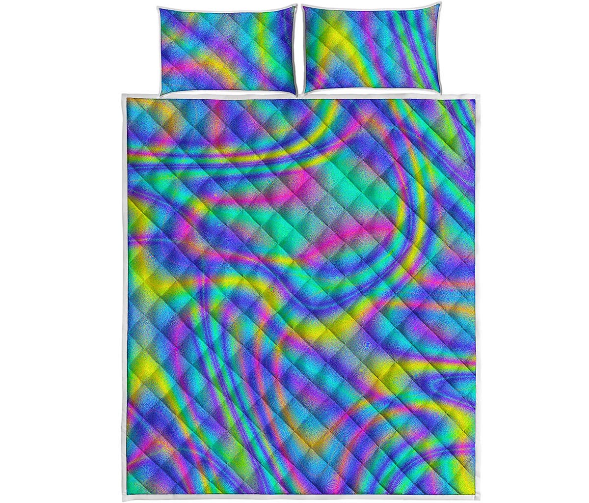 Turquoise Holographic Trippy Print Quilt Bed Set