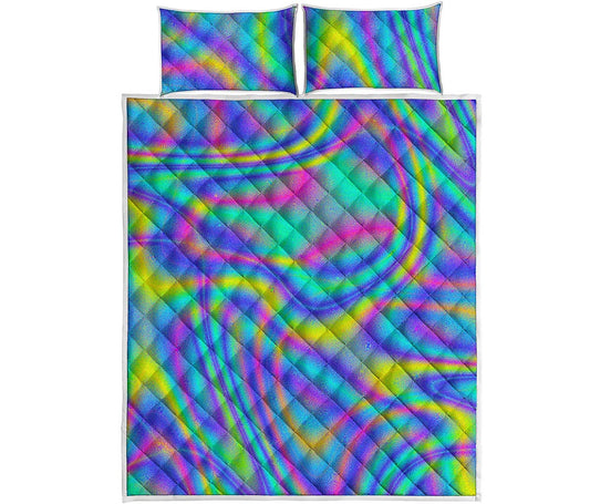 Turquoise Holographic Trippy Print Quilt Bed Set
