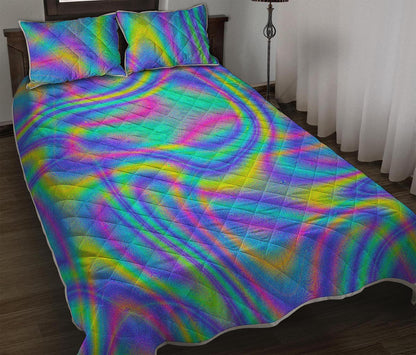 Turquoise Holographic Trippy Print Quilt Bed Set