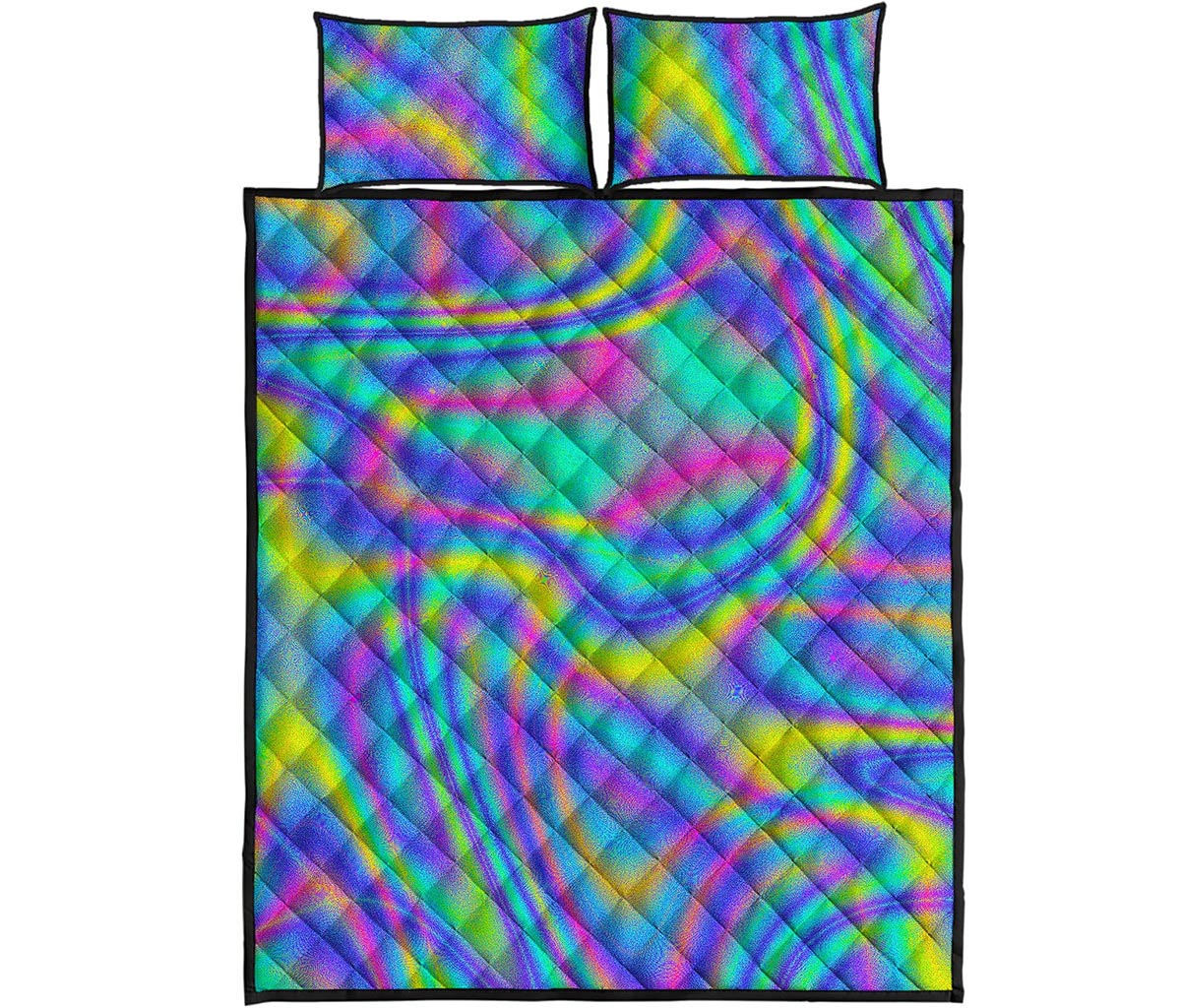 Turquoise Holographic Trippy Print Quilt Bed Set