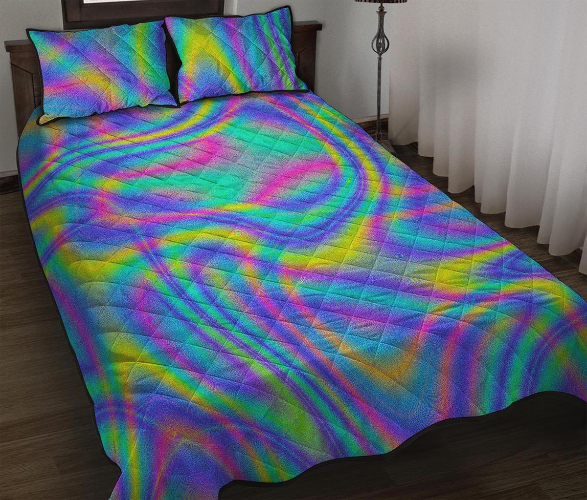 Turquoise Holographic Trippy Print Quilt Bed Set