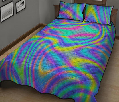 Turquoise Holographic Trippy Print Quilt Bed Set