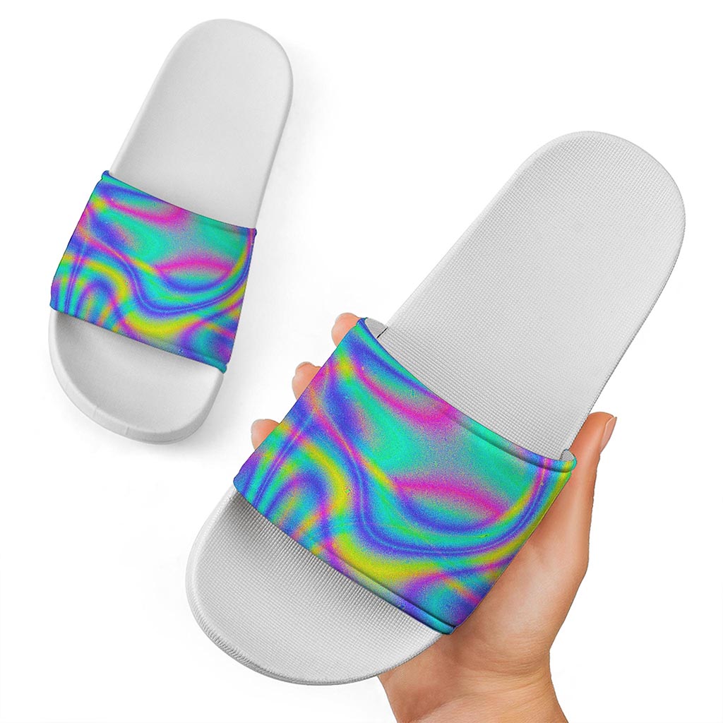 Turquoise Holographic Trippy Print White Slide Sandals
