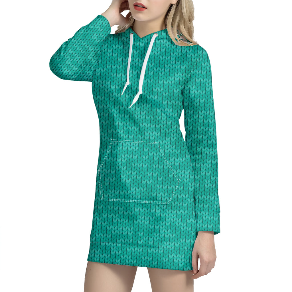 Turquoise Knitted Pattern Print Hoodie Dress