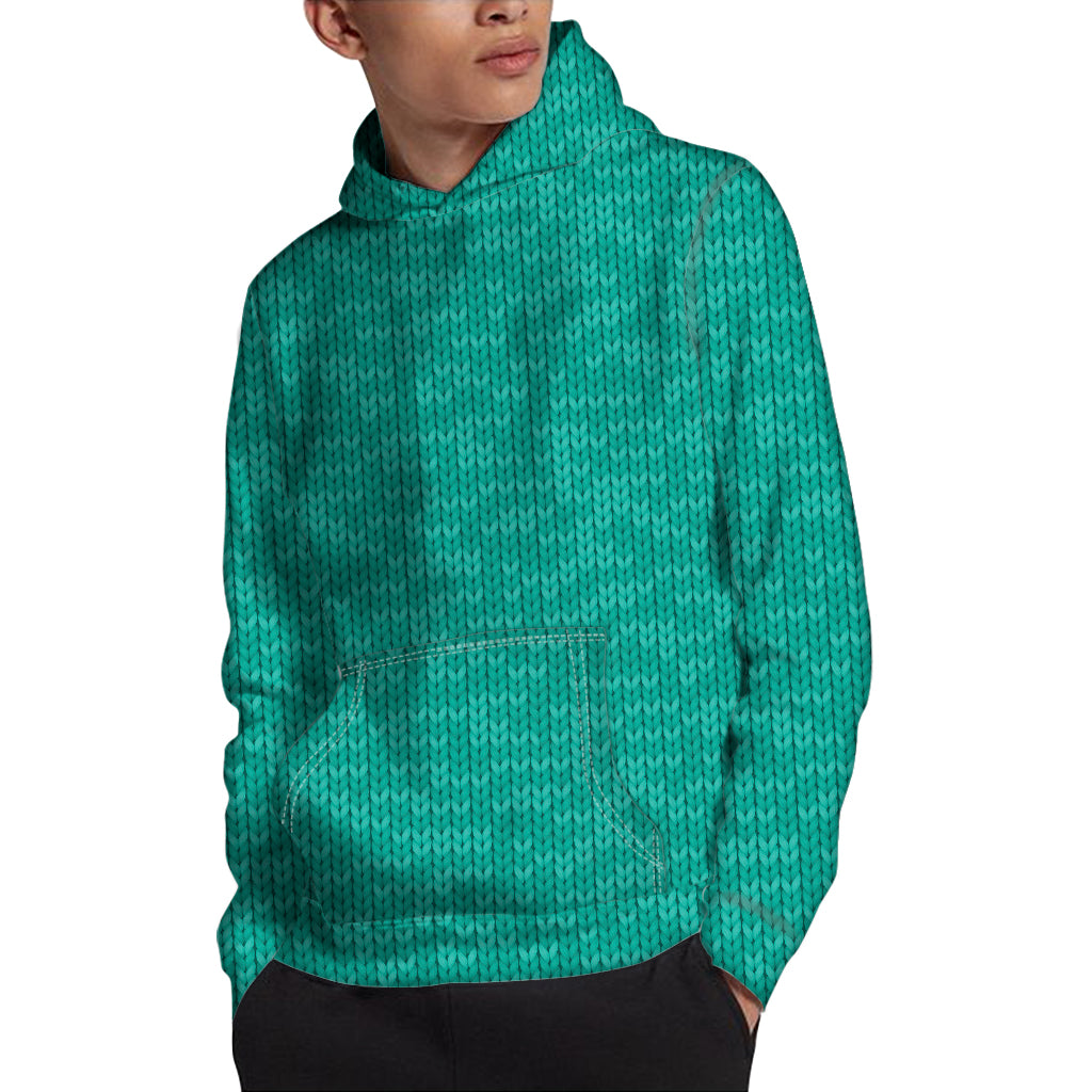 Turquoise Knitted Pattern Print Pullover Hoodie