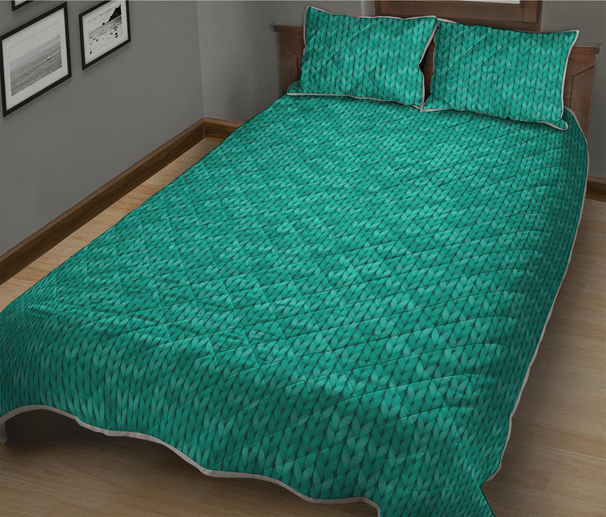 Turquoise Knitted Pattern Print Quilt Bed Set