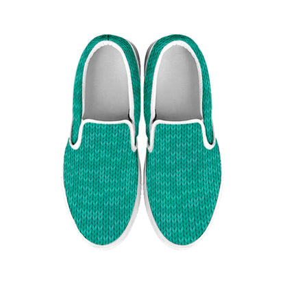 Turquoise Knitted Pattern Print White Slip On Shoes