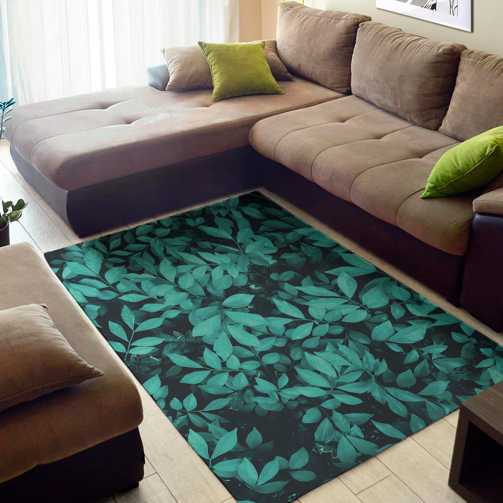 Turquoise Leaf Print Area Rug