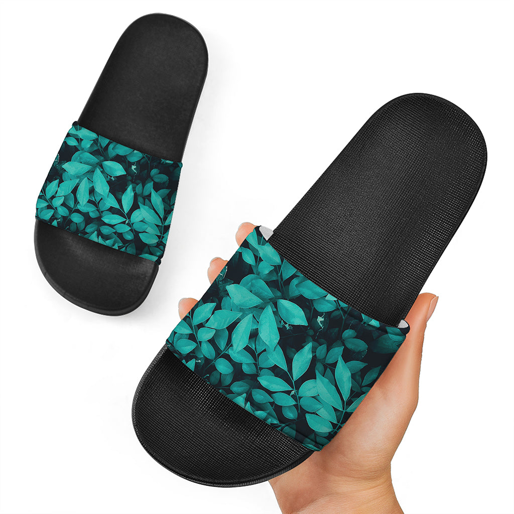 Turquoise Leaf Print Black Slide Sandals