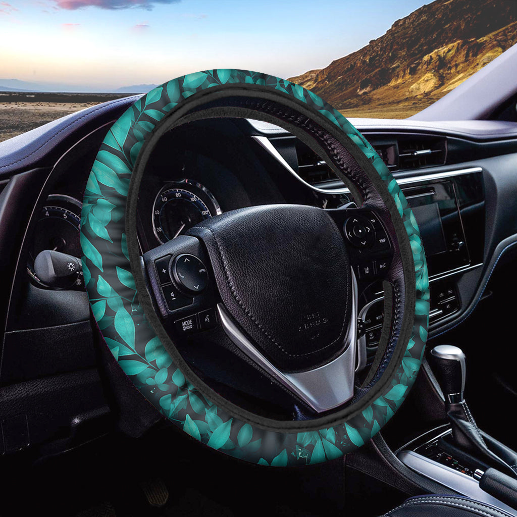 Turquoise Leaf Print Car Steering Wheel Cover