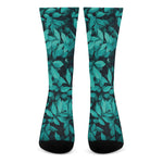 Turquoise Leaf Print Crew Socks