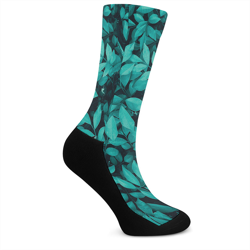 Turquoise Leaf Print Crew Socks