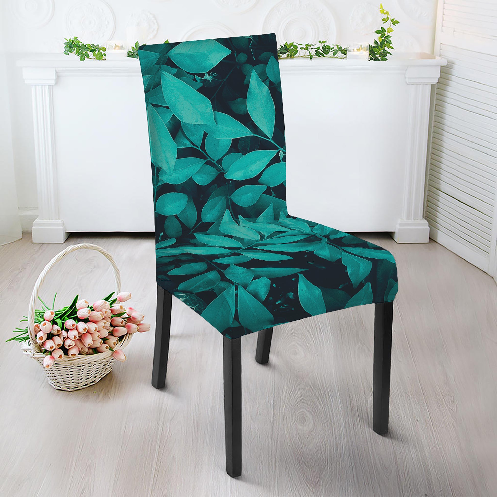 Turquoise Leaf Print Dining Chair Slipcover