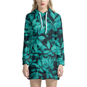 Turquoise Leaf Print Hoodie Dress