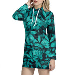 Turquoise Leaf Print Hoodie Dress