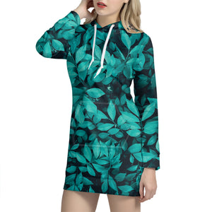 Turquoise Leaf Print Hoodie Dress