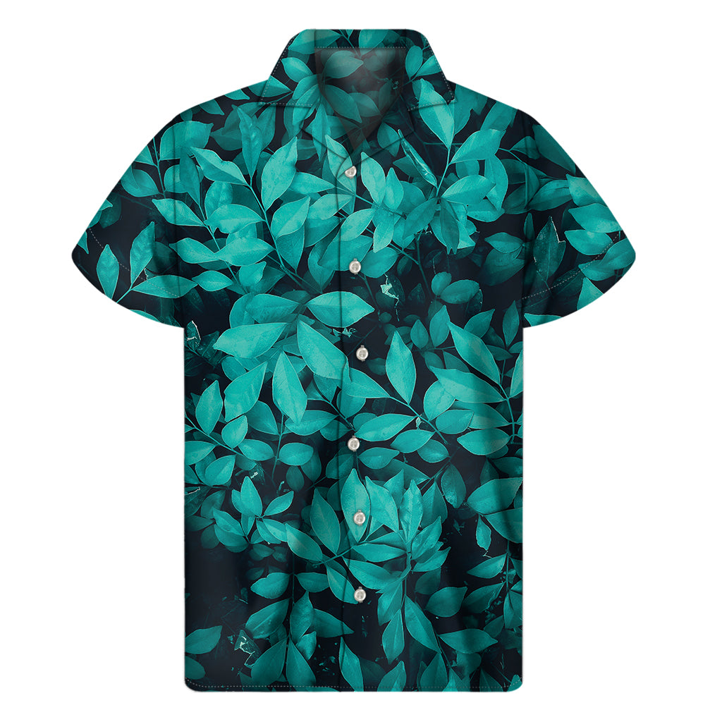 Turquoise Leaf Print Men's Short Sleeve Shirt