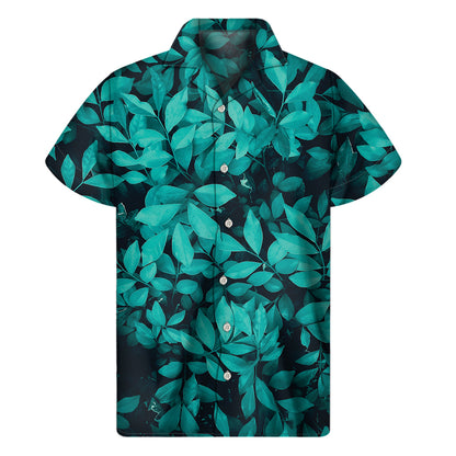 Turquoise Leaf Print Men's Short Sleeve Shirt