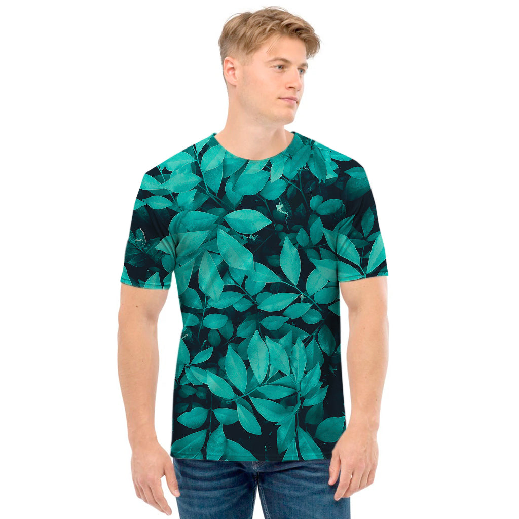 Turquoise Leaf Print Men's T-Shirt