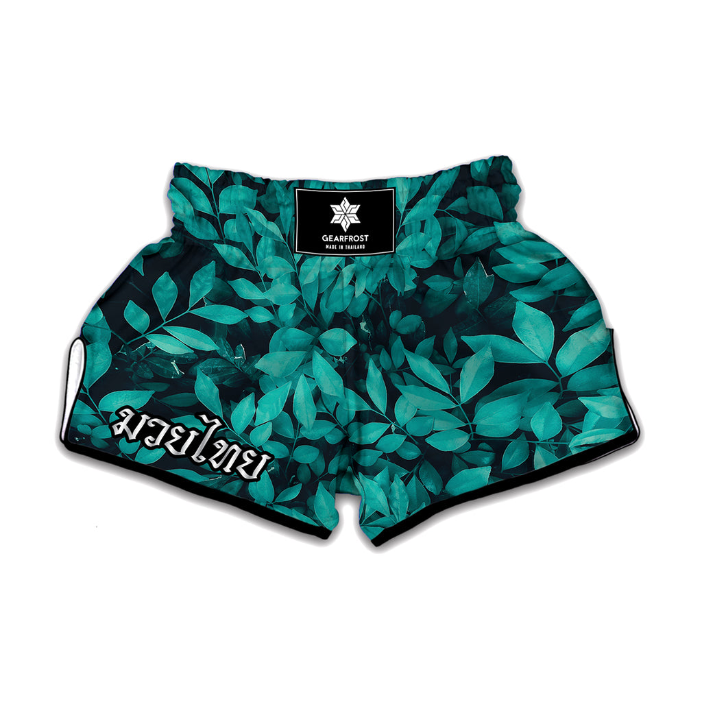 Turquoise Leaf Print Muay Thai Boxing Shorts