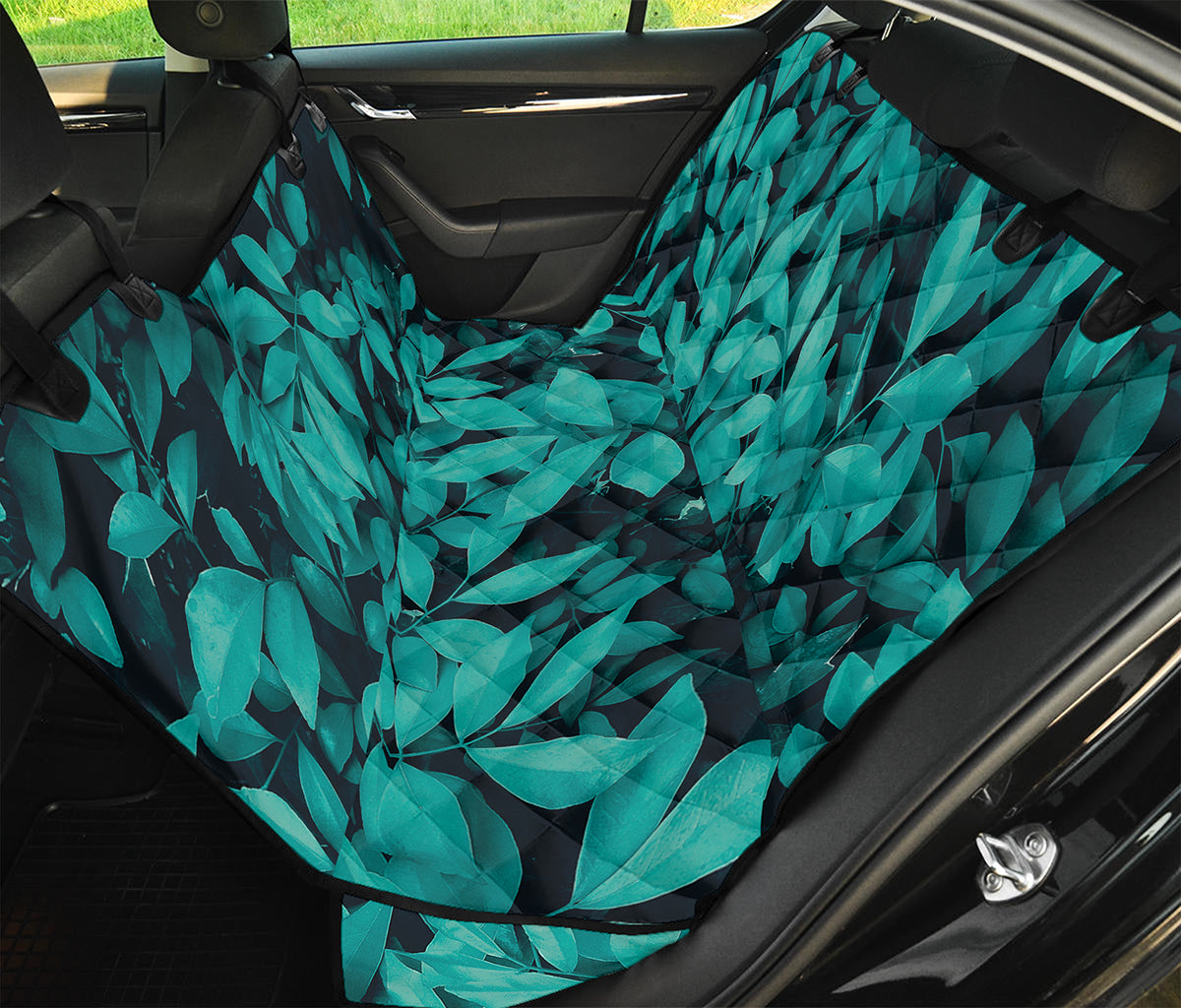 Turquoise Leaf Print Pet Car Back Seat Cover