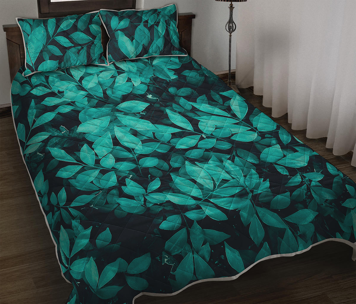 Turquoise Leaf Print Quilt Bed Set