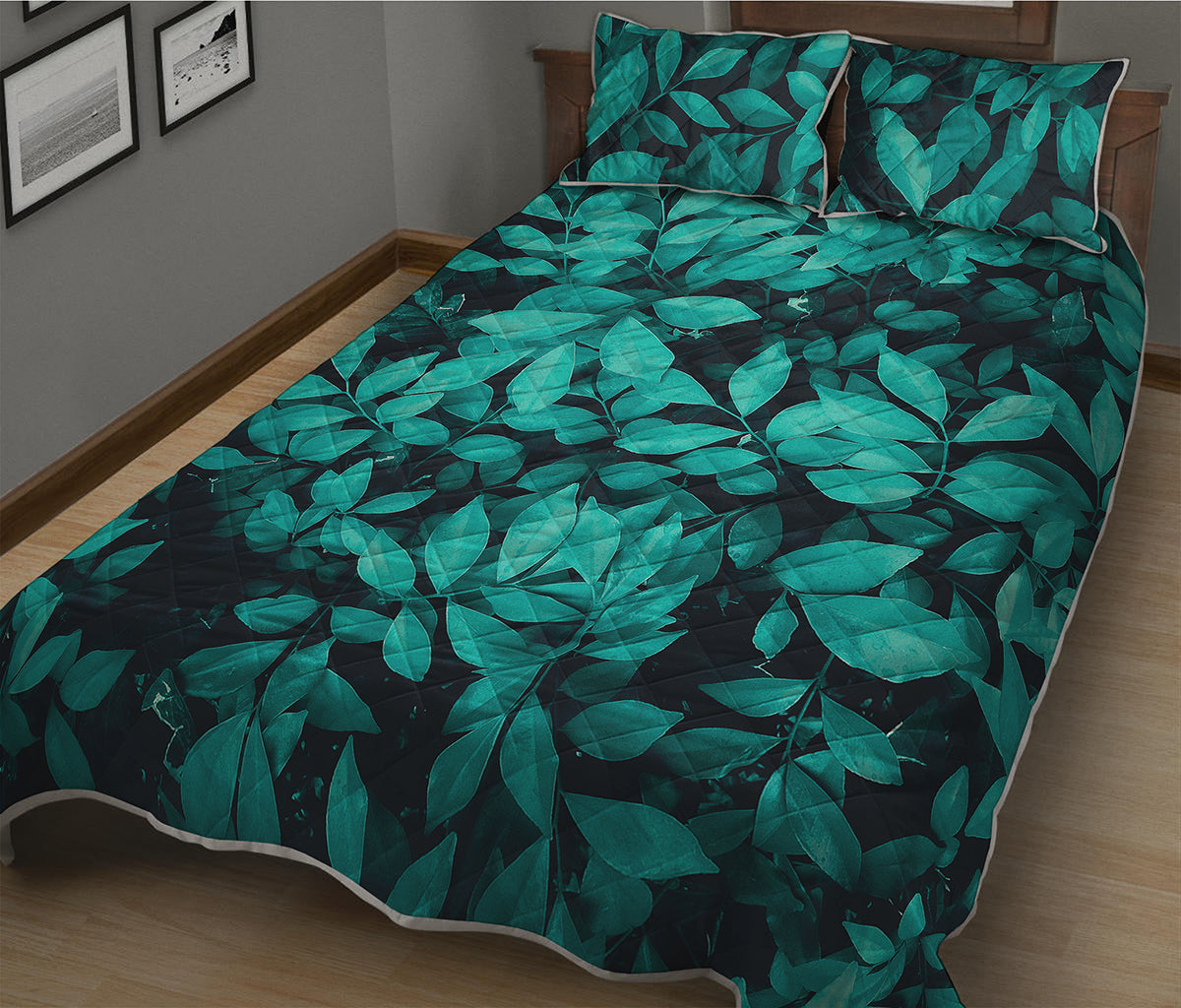 Turquoise Leaf Print Quilt Bed Set