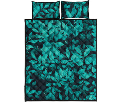 Turquoise Leaf Print Quilt Bed Set