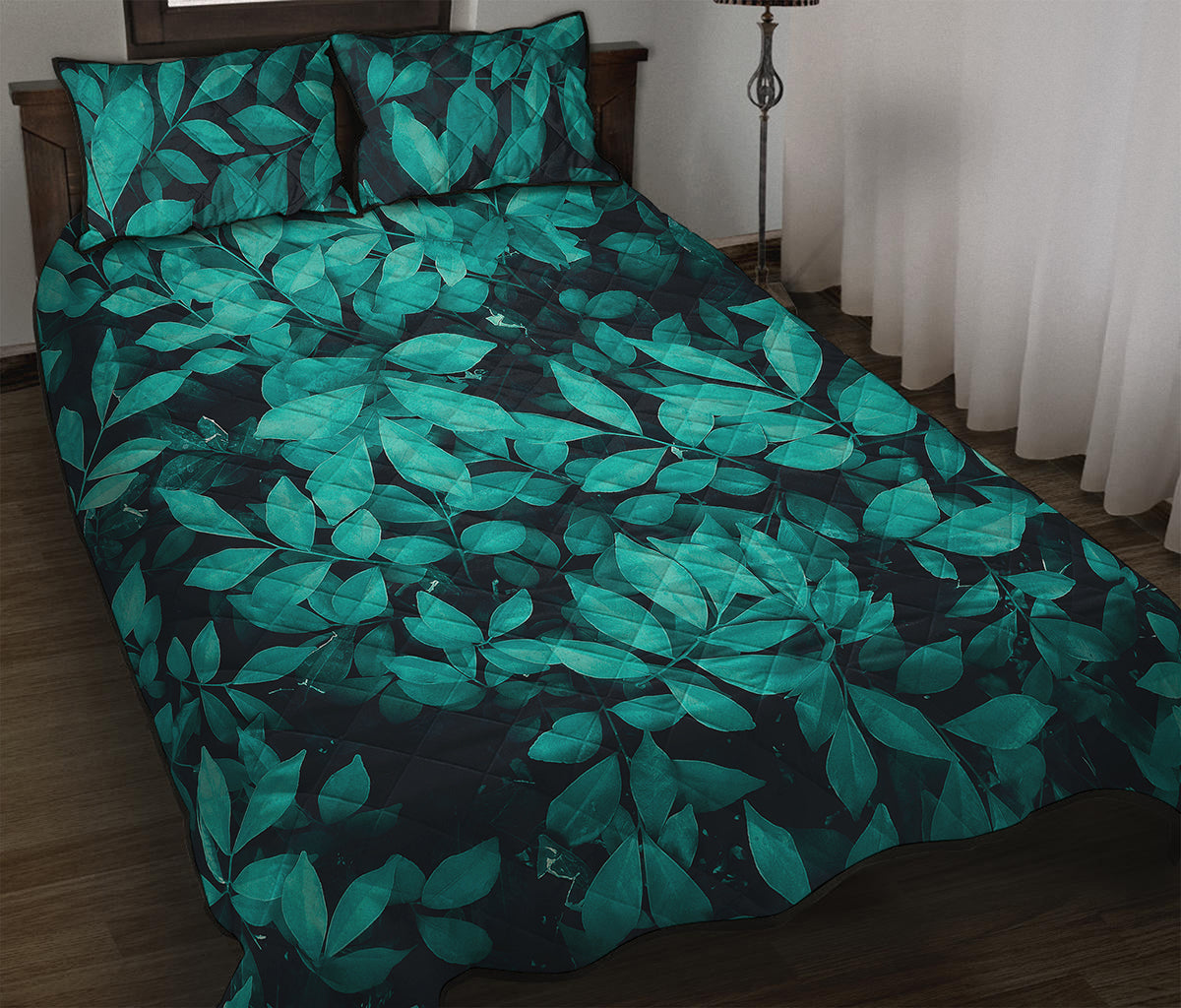 Turquoise Leaf Print Quilt Bed Set