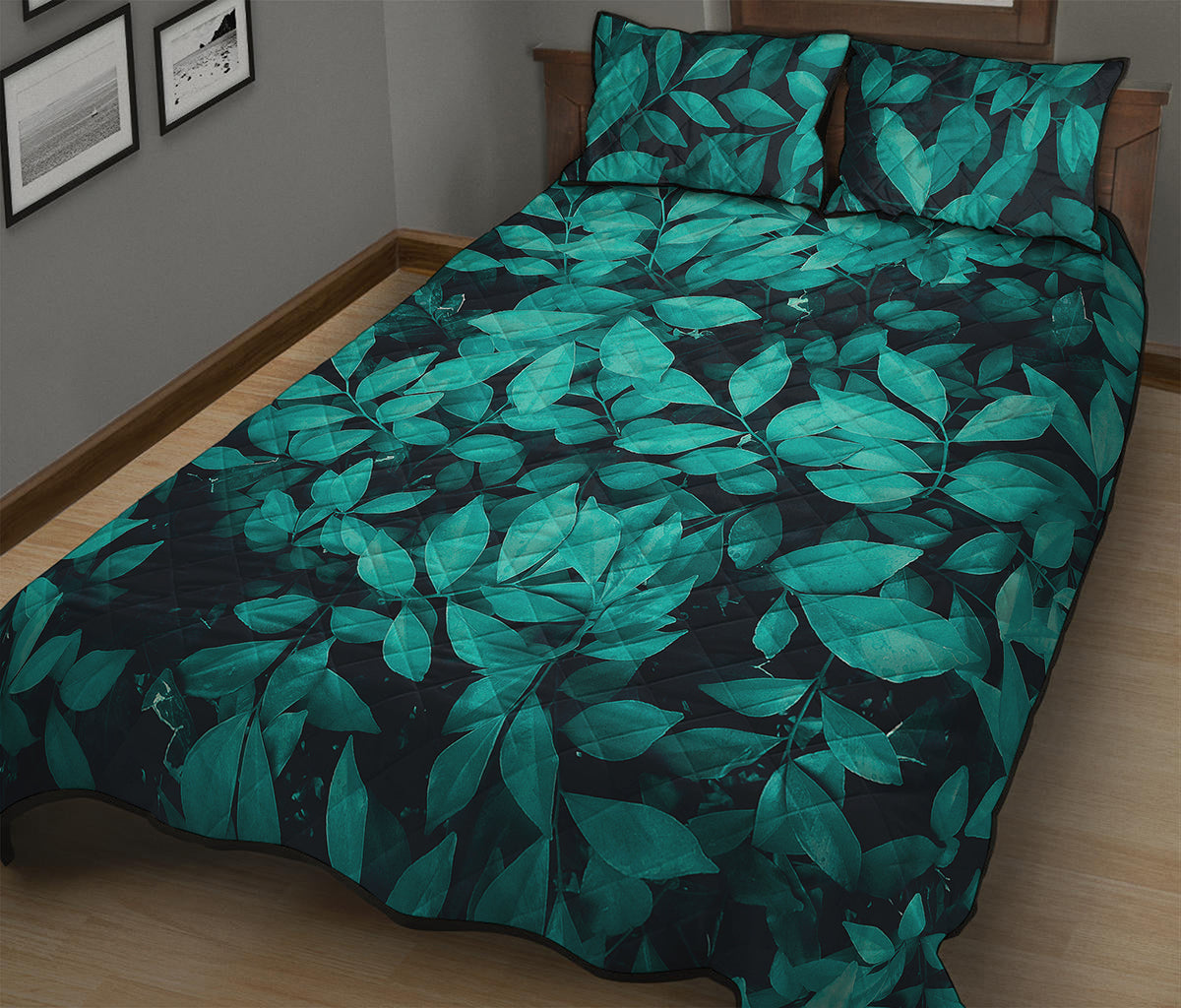 Turquoise Leaf Print Quilt Bed Set