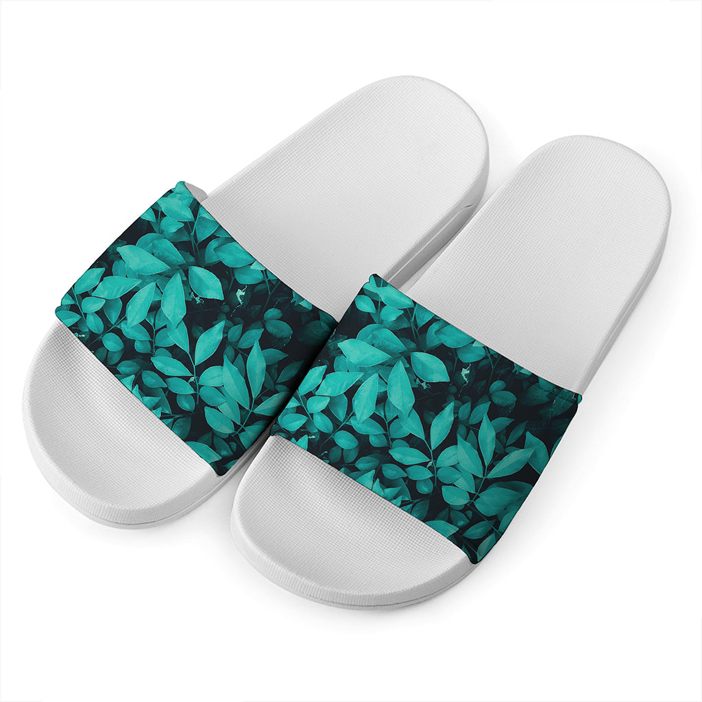 Turquoise Leaf Print White Slide Sandals