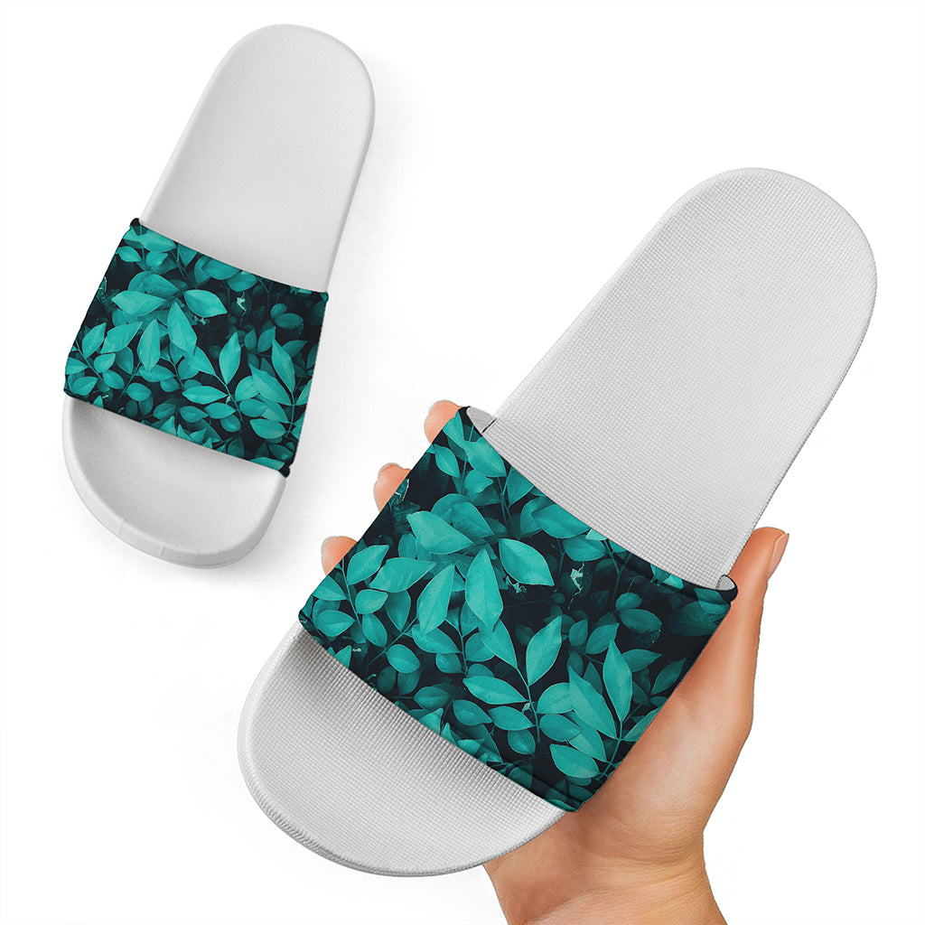Turquoise Leaf Print White Slide Sandals