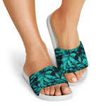 Turquoise Leaf Print White Slide Sandals