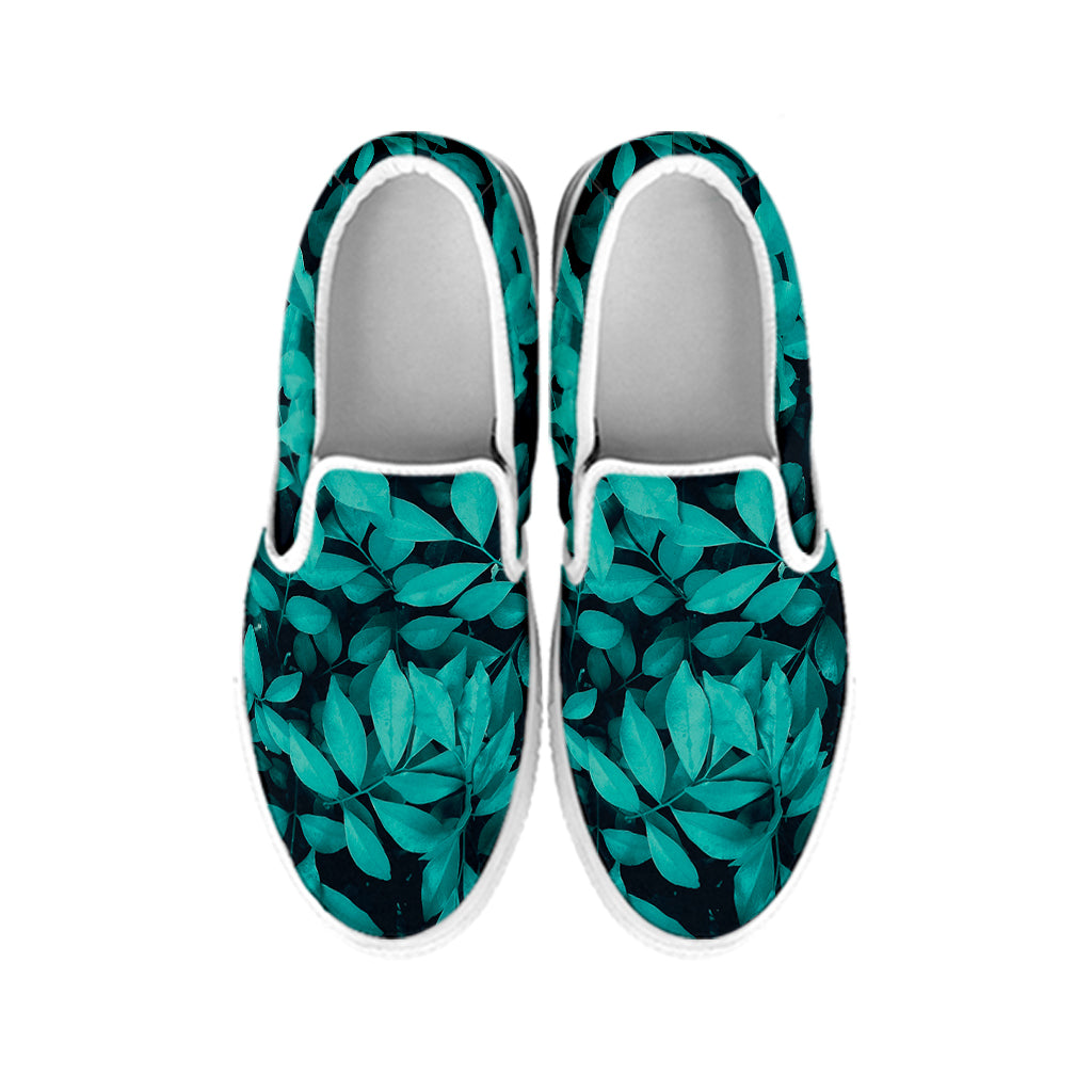 Turquoise Leaf Print White Slip On Shoes