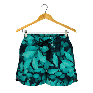 Turquoise Leaf Print Women's Shorts