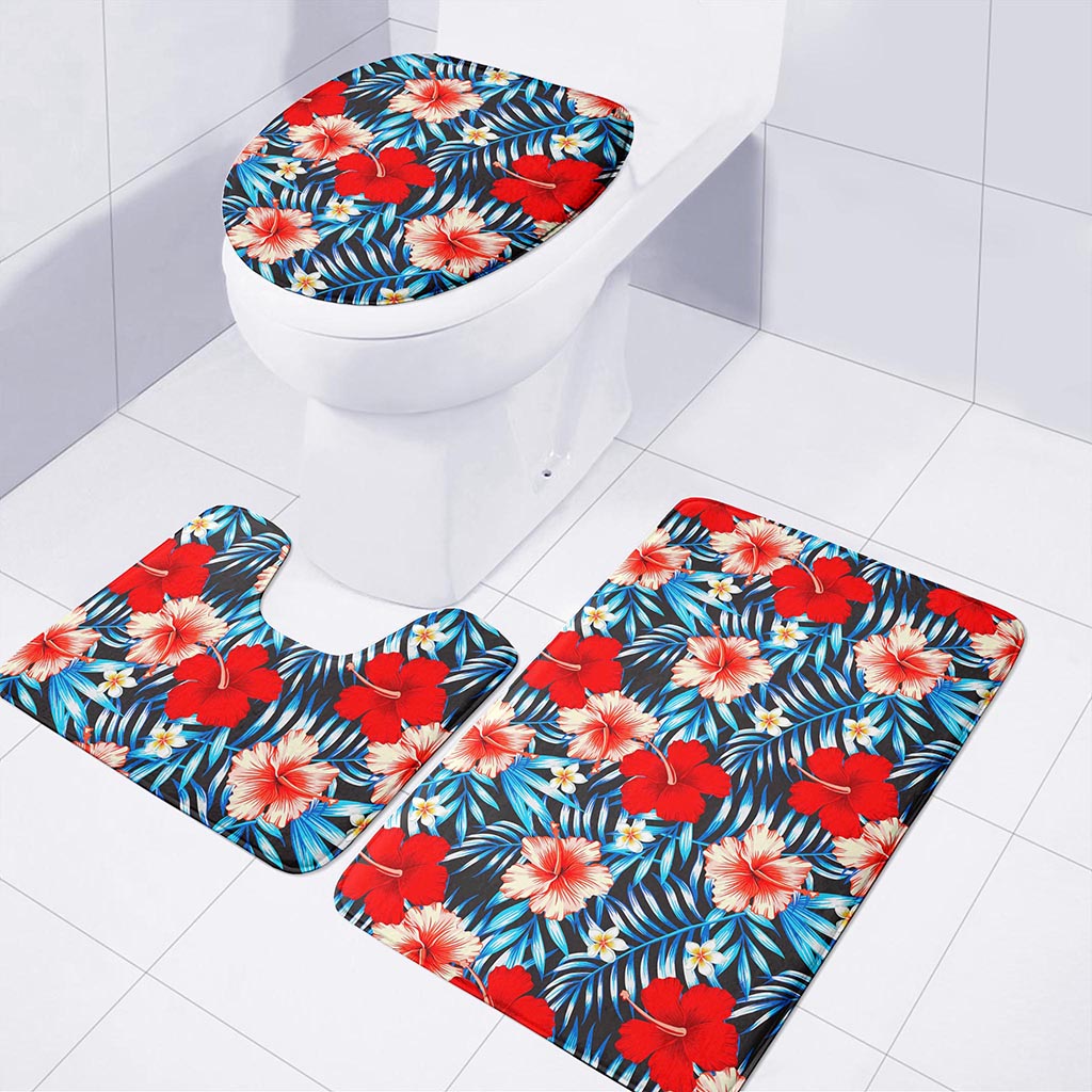 Turquoise Leaves Hibiscus Pattern Print 3 Piece Bath Mat Set