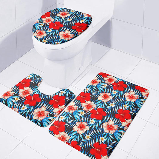 Turquoise Leaves Hibiscus Pattern Print 3 Piece Bath Mat Set