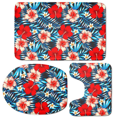 Turquoise Leaves Hibiscus Pattern Print 3 Piece Bath Mat Set