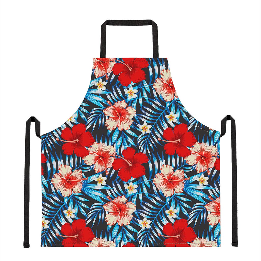 Turquoise Leaves Hibiscus Pattern Print Apron