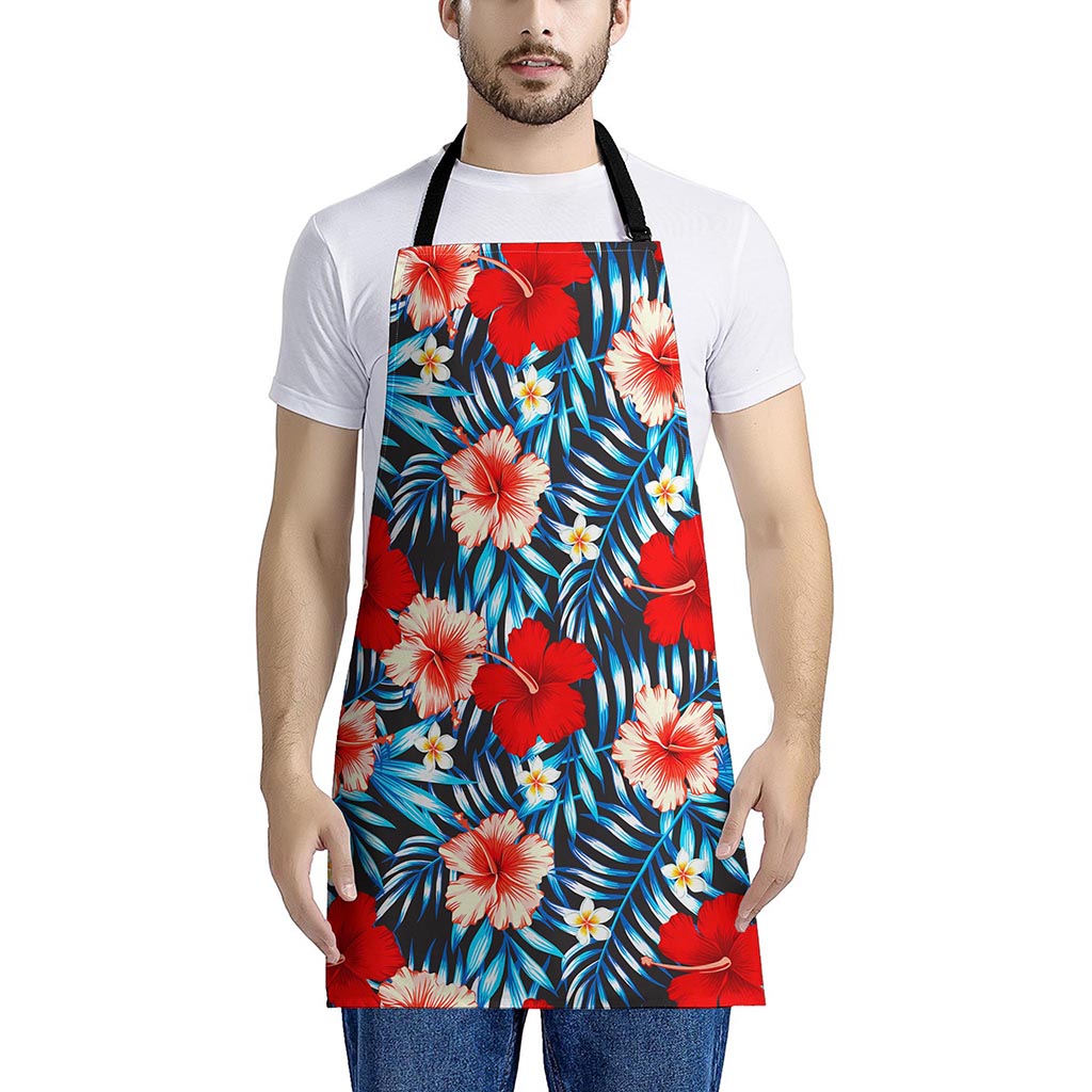 Turquoise Leaves Hibiscus Pattern Print Apron