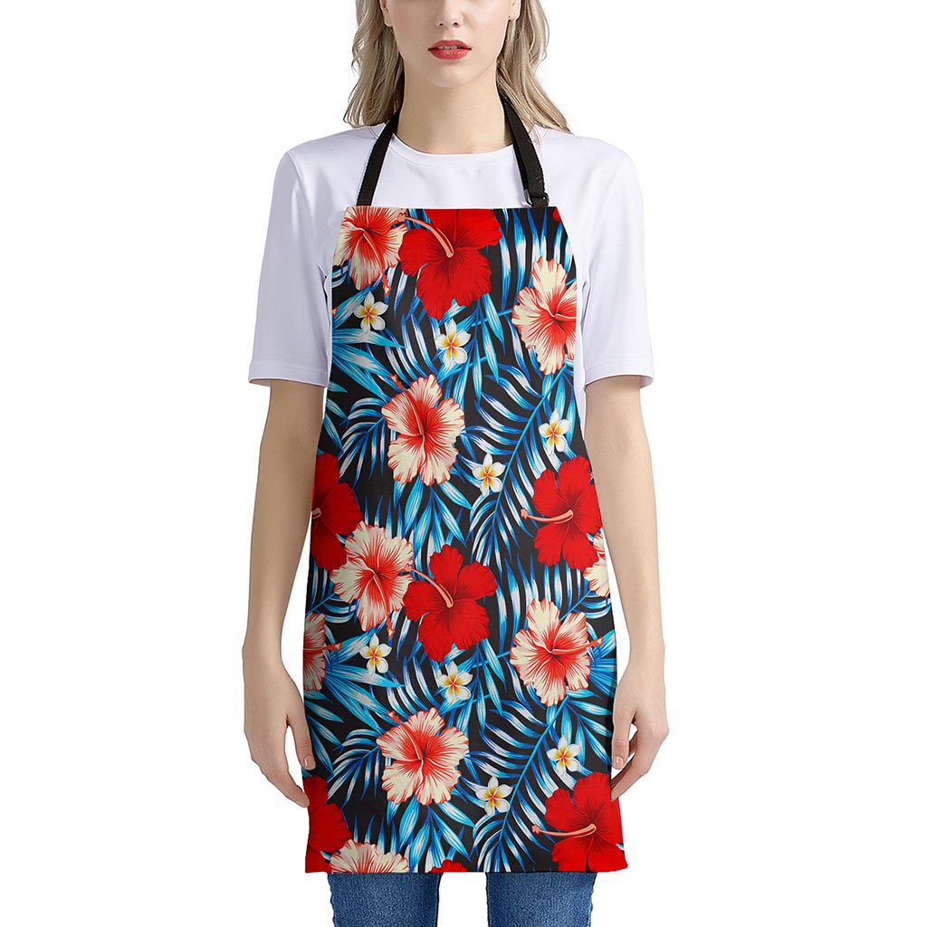 Turquoise Leaves Hibiscus Pattern Print Apron