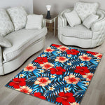 Turquoise Leaves Hibiscus Pattern Print Area Rug GearFrost
