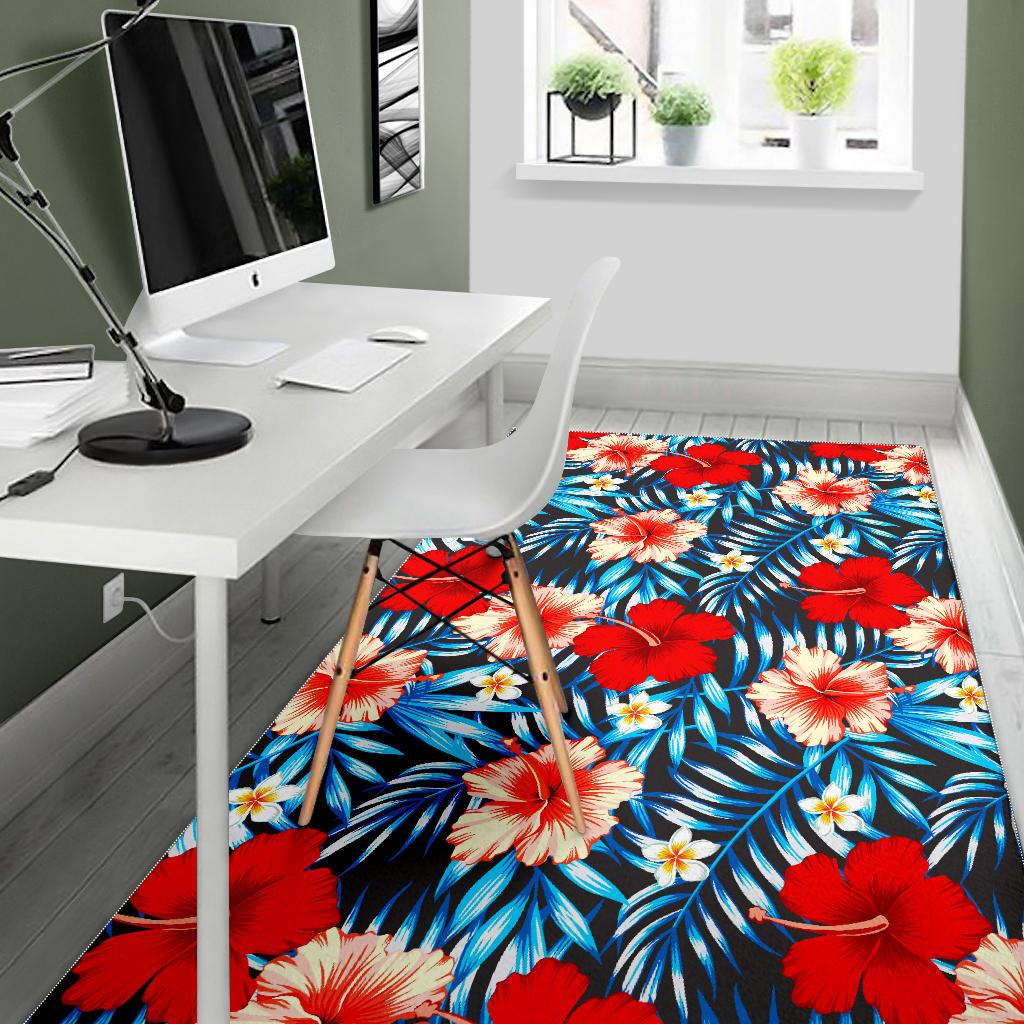 Turquoise Leaves Hibiscus Pattern Print Area Rug GearFrost